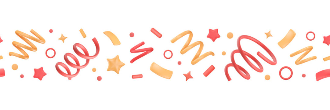 Seamless border with 3d confetti. Border with party popper elements, squiggles, stars and geometric shapes. Vector illustration. Celebration, event decoration, New Year streamer of firecracker.