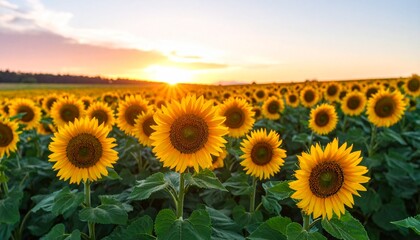 Obraz premium A field of sunflowers glowing in the light of the setting sun. A warm, joyful, and optimistic summer landscape.