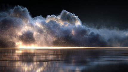 Dramatic Cloud Bursting with Light and Sparkling Particles on Reflective Surface