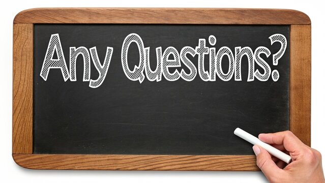 Chalkboard with the Question Any Questions Written in White Chalk with a Wooden Frame and a Hand Holding Chalk