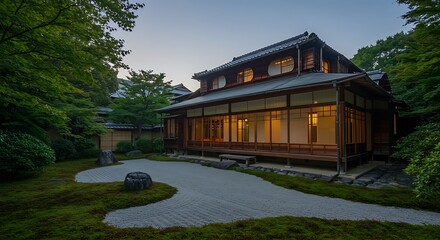 Obraz premium Serene Twilight at a Japanese Villa with Glowing Shoji and Karesansui Zen Garden.
