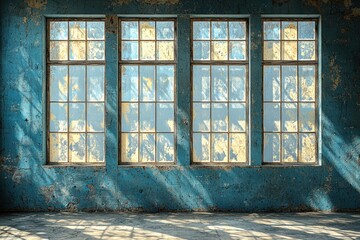 Sunlit three-paneled windows in a dilapidated blue-walled room, showing textured walls and floor