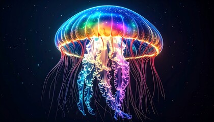 Design a cosmic jellyfish with tentacles made of flowing rainbow mercury