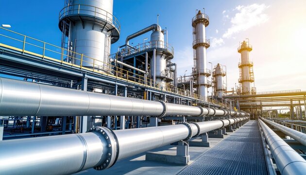 Industrial complex with large pipes and towers
