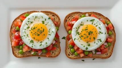 High resolution closeup photo of two slices of toasted bread topped with sunny side up eggs, fresh diced tomato, green peas and herbs on a white plate, perfect for breakfast food backgrounds

