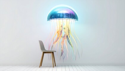 Design a cosmic jellyfish with tentacles made of flowing rainbow mercury