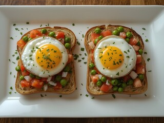 High resolution closeup photo of two slices of toasted bread topped with sunny side up eggs, fresh diced tomato, green peas and herbs on a white plate, perfect for breakfast food backgrounds

