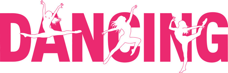 Graceful dancing silhouettes enhance the word DANCING in vibrant pink, perfect for studio promotion or fitness designs.