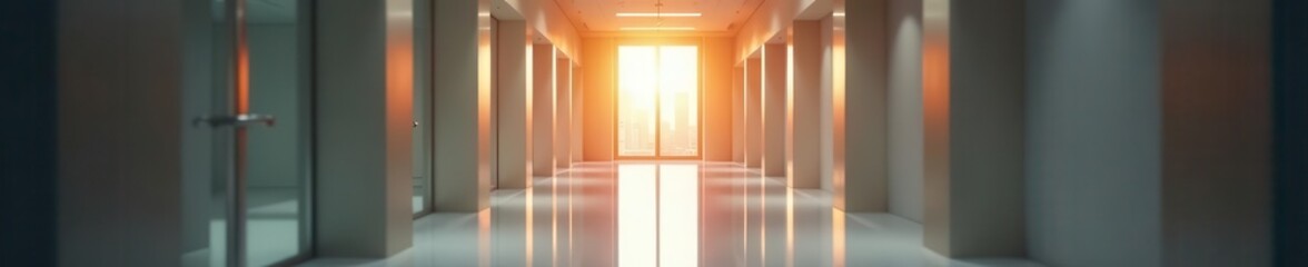 Long, light-filled office hallway, soft focus interior Elegant business presentation , subtle, lines