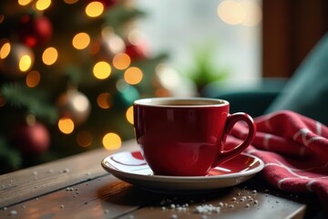 Fototapeta premium Warm Christmas morning coffee, festive setting , winter, cozy