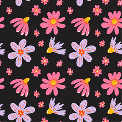 Tropical summer floral plants seamless vector pattern with colorful abstract exotic spring flowers illustration elements in cartoon funky groovy style for wrapping paper, textile, wallpaper, fabric