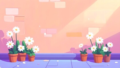 Old vintage orange brick wall decorated with white daisy in small pots for background.