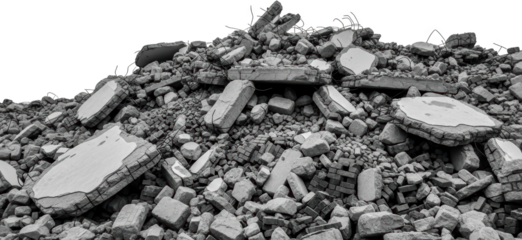 Pile of rubble from demolished concrete and brick structures rebar visible isolated on