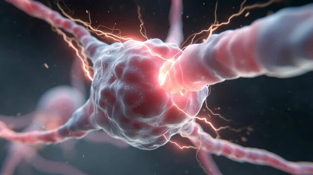 Neural cell electric signal transmission through synapse showing nervous system activity with brain function influenced by stress hormone pathways