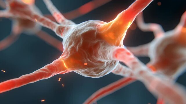 Neuron cell glowing synapse and axon transmitting signals in brain nervous system where stress impacts hormones affecting complex biological functions