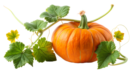 A vibrant orange pumpkin with a prominent stem and trailing green vines is set against white isolated on transparent background