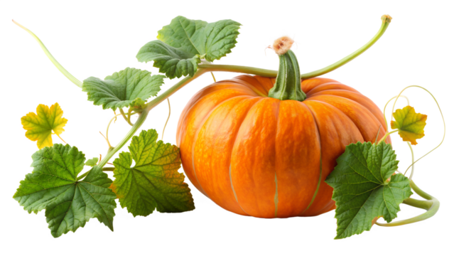 A vibrant orange pumpkin with a prominent stem and trailing green vines is set against white isolated on transparent background