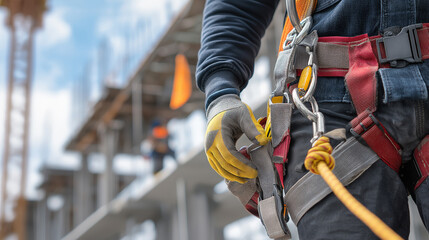 Construction worker use safety harness and safety line working on a new construction site