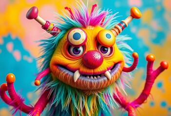 Naklejka premium Vibrant, whimsical monster with mismatched body parts, bright colors, playful expression, design, bright