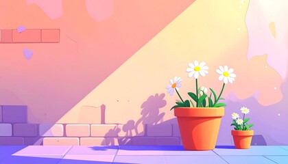 Old vintage orange brick wall decorated with white daisy in small pots for background.