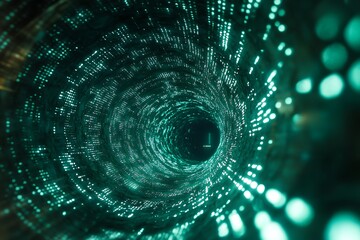 A glowing digital tunnel made of flowing green binary code spirals endlessly into a dark void, illuminated by pulsing electric light