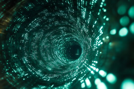 A glowing digital tunnel made of flowing green binary code spirals endlessly into a dark void, illuminated by pulsing electric light - Powered by Adobe