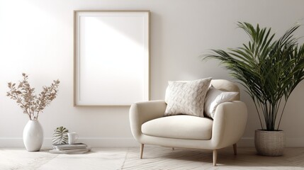 Minimalist room interior with armchair, empty frame, and plants