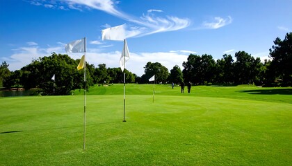 Golf course with flags and people playing