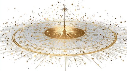 Ornate golden astronomical clock with radiating particles