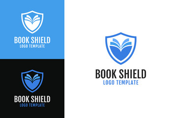 Book shield logo design with open book and protective shield vector illustration