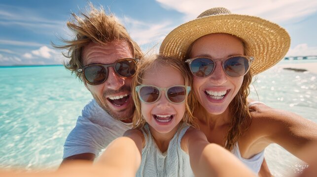 Happy family of three taking a cheerful selfie on a tropical beach vacation, wearing sunglasses and smiling under the bright sun with clear turquoise water and blue sky in the background