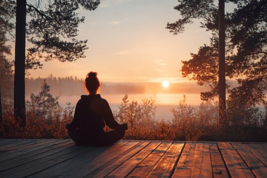 Person meditating outdoors at sunrise.