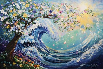 Beautiful painting of ocean waves, the tree is full and blooming with flowers in white, blue, purple, green and yellow colors