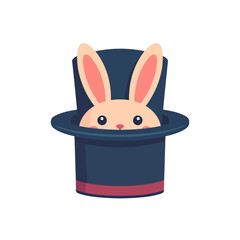 Cute cartoon rabbit with rosy cheeks peeking from a magician's dark blue top hat.