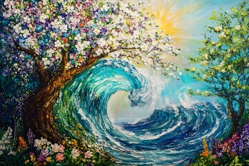 Beautiful painting of ocean waves, the tree is full and blooming with flowers in white, blue, purple, green and yellow colors