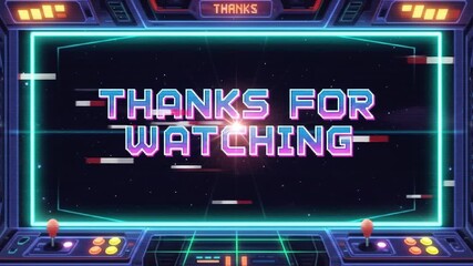 Retro arcade game interface animation with a thanks for watching message and pixelated graphics for end screen use - Powered by Adobe