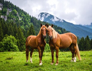 Two horses in a grassy meadow, mountains in the background