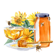 Watercolor-painted honey in a jar, in a cream bowl, yellow flowers nearby and bees around