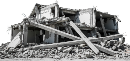 Ruined concrete building with debris exposed rebar and collapsed structure isolated