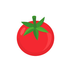 Stylized ripe red tomato with a green stem and calyx. A glossy, flat design vector illustration of a fresh vegetable.