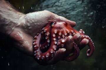 Fine art contemporary image of a hand holding a wet octopuss
