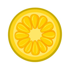 Vibrant yellow citrus fruit slice in a cartoon style with a thick rind and glossy, teardrop-shaped segments.