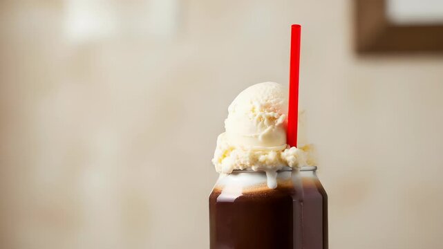 Ice Cream Float Featuring Vanilla Scoop and Red Straw On Brown Liquid with Creamy Texture In Soft Focus