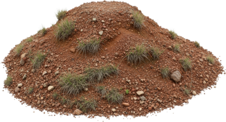 A mound of red earth and pebbles is sparsely dotted with clumps of green grass ready to isolate transparent background