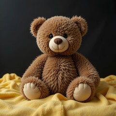 Brown Plush Teddy Bear on Yellow Folded Baby Blanket Against Dark Background