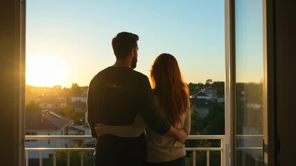 Couple embraces on balcony watching sunset - Powered by Adobe