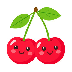 A cheerful pair of kawaii-style red cherries with smiling faces, rosy cheeks, green stems, and leaves.