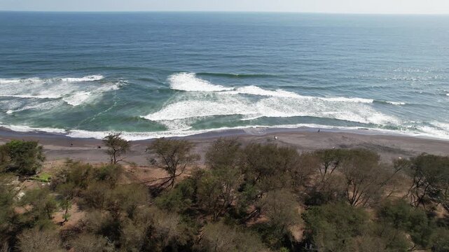 A rip current is a strong, narrow current of ocean water that moves away from the shore toward the open sea. This current is dangerous. Aerial view of rip current.