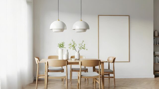 Minimalist Dining Room Interior with Wooden Table and Chairs Featuring White Walls a Blank Frame and Bookshelf in Natural Lighting