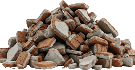 Pile of broken red bricks and concrete fragments debris from construction and demolition transparent background